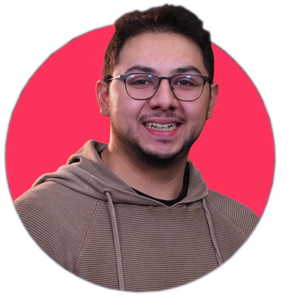 Jake Parra headshot photo with a red-pink circle in the background
